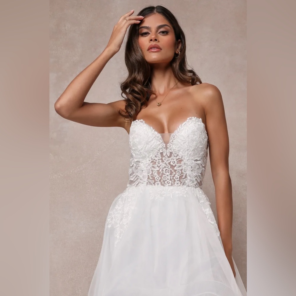Mine, All Mine White Embroidered Organza Strapless A-Line Gown - Picture 3 of 5
